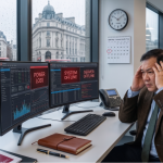 Man stressed in London office due to server outage, monitors show power loss and offline systems, rainy street outside