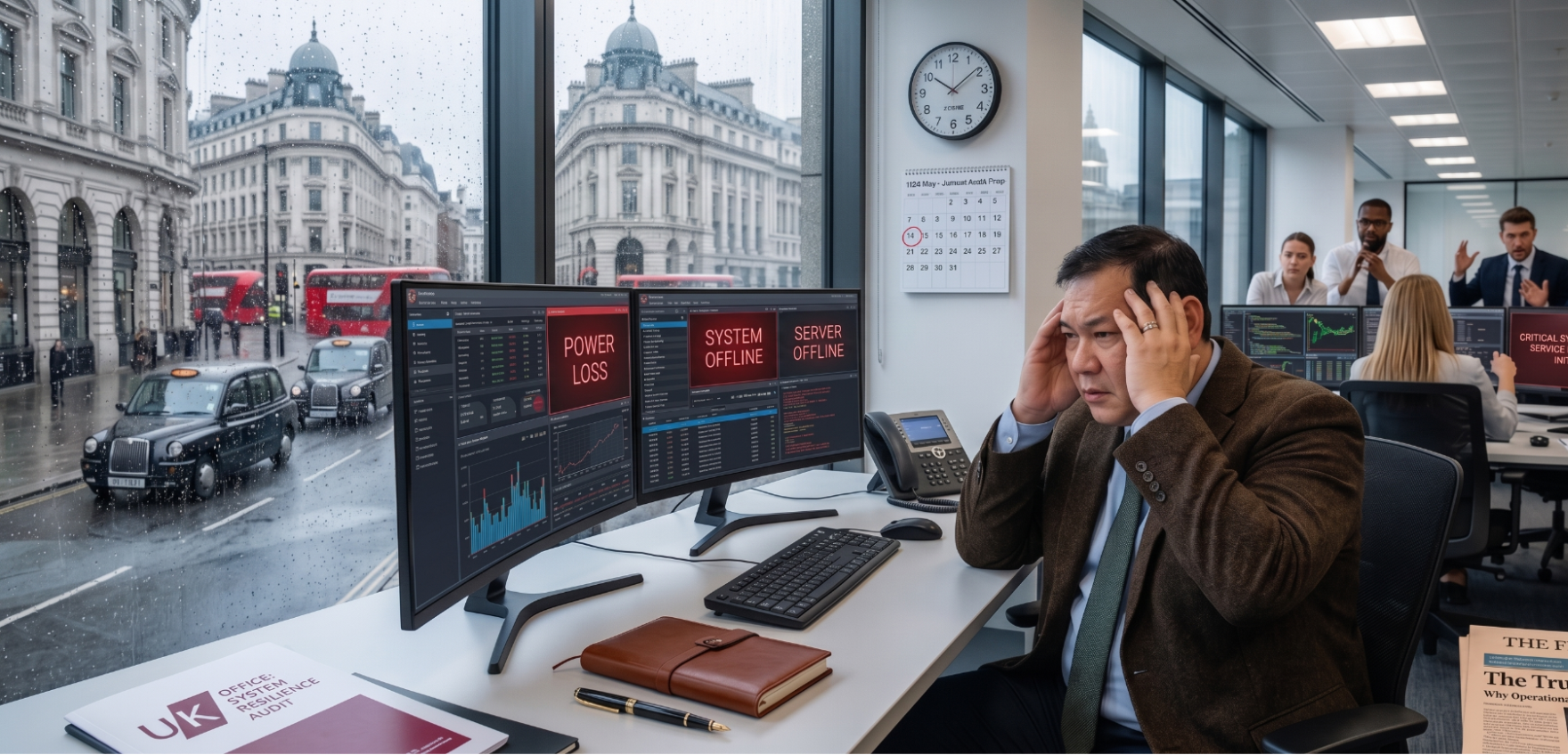 Man stressed in London office due to server outage, monitors show power loss and offline systems, rainy street outside