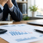 Businessman reviews financial graphs and charts at office desk