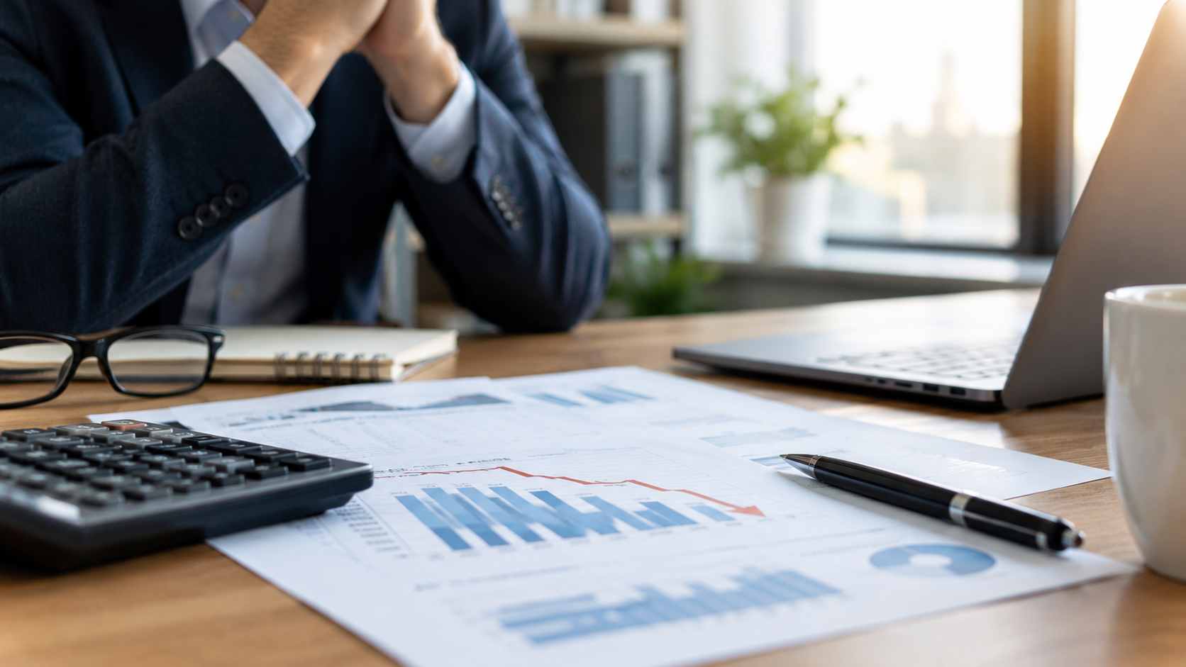 Businessman reviews financial graphs and charts at office desk
