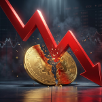 Red downward arrow breaking a Bitcoin coin, symbolising cryptocurrency market decline