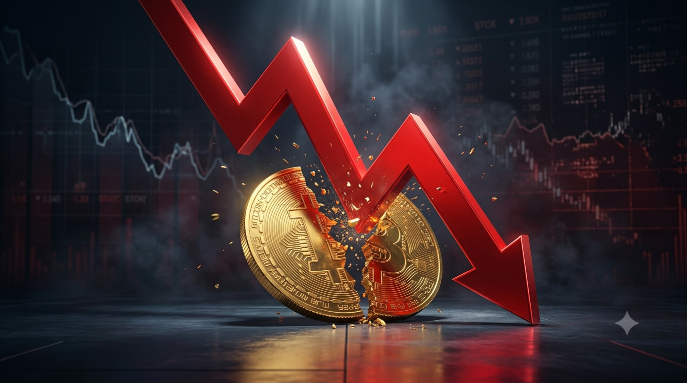 Red downward arrow breaking a Bitcoin coin, symbolising cryptocurrency market decline