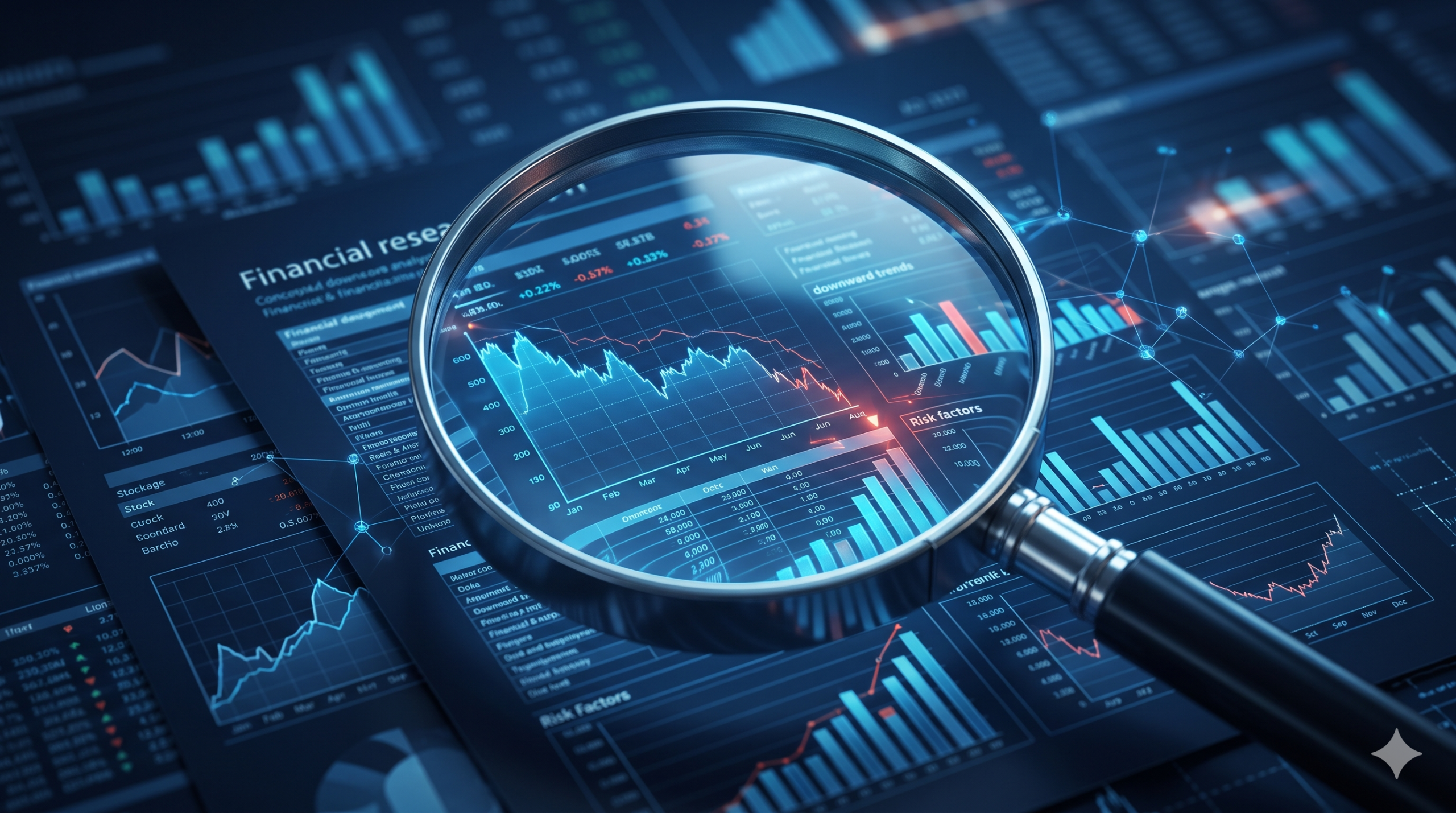 Magnifying glass over financial charts and data visualisations, highlighting economic trends and business analysis